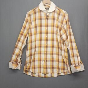 Steven Land Mens Button Down Shirt Large Yellow Plaid Long Sleeve French Cuffs